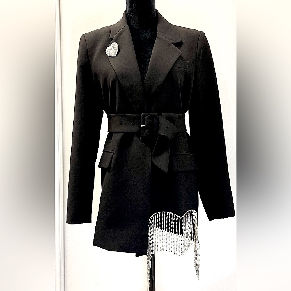 NEW RHINESTONE FRINGE BLACK BLAZER DRESS BLAZER